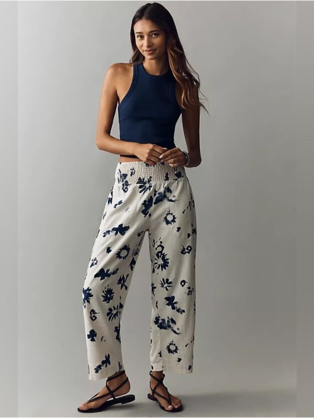 NWT Size L -Pilcro Linen Blend Reese Smocked Pull-On Barrel-Leg Pants (US$ 128)